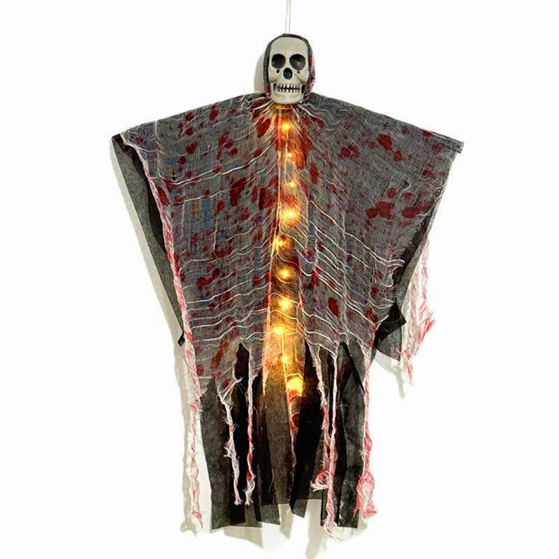 Fantôme d'Halloween suspendu avec crâne, lumières LED et gaze tachée de sang, décoration pour porte, arbre et intérieur