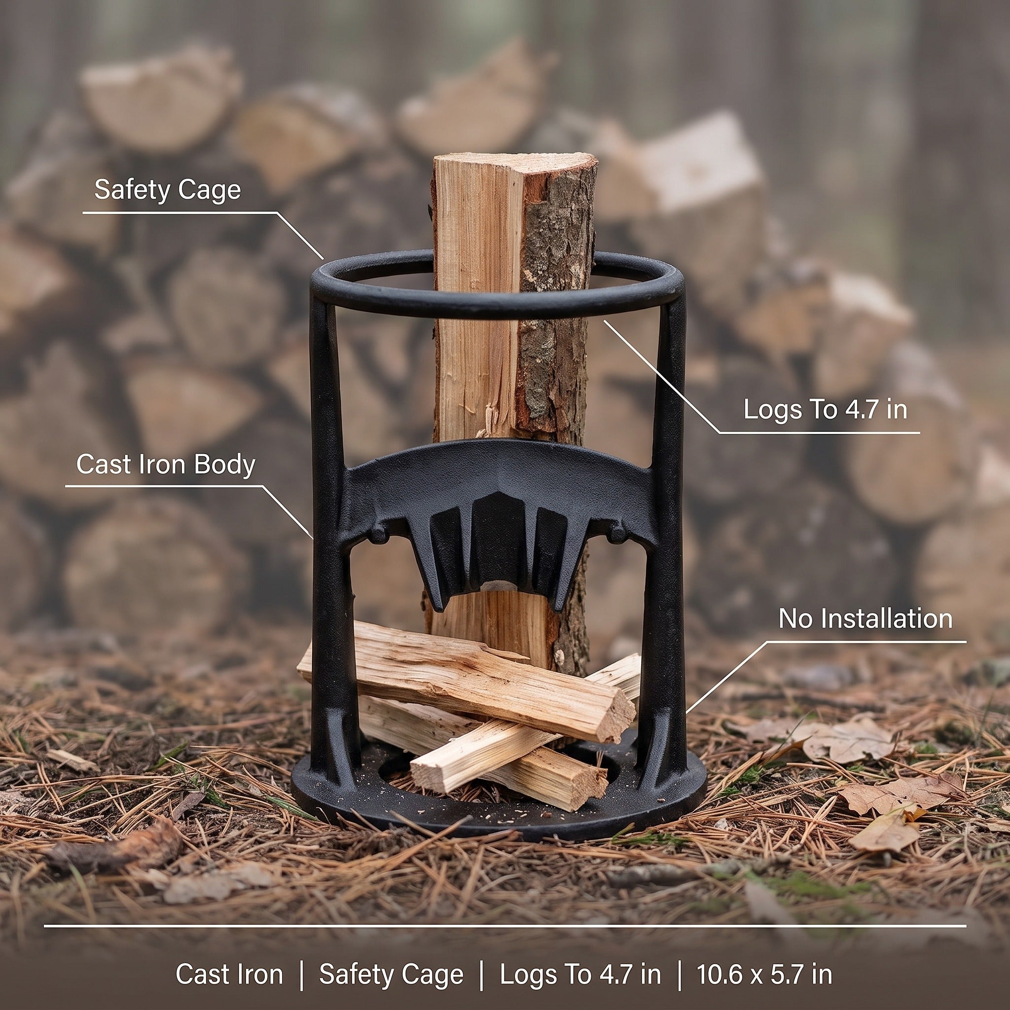 Fendeur de bûches en fonte avec cage de sécurité pour petit bois