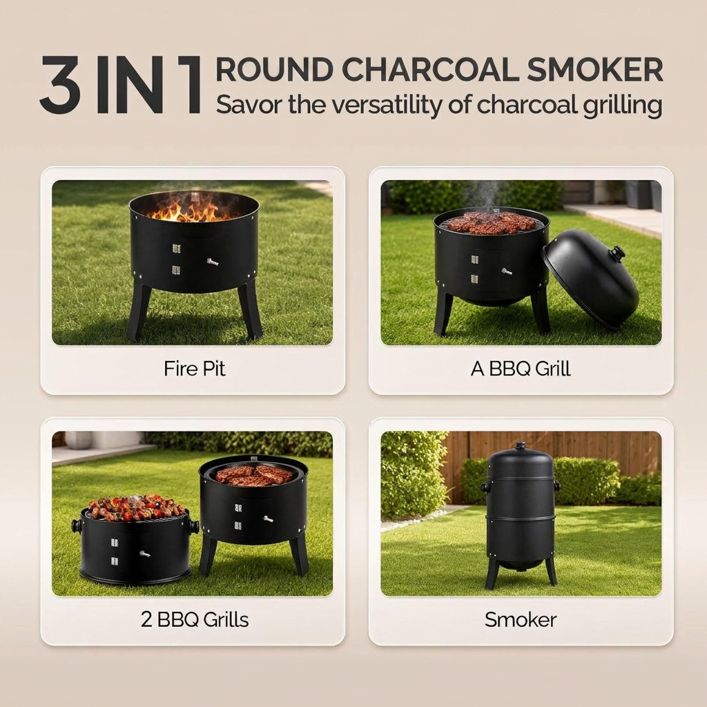 Fumoir vertical au charbon avec thermomètre et doubles portes d'accès