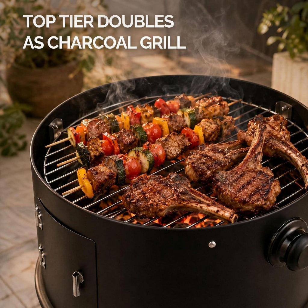 Fumoir vertical au charbon avec thermomètre et doubles portes d'accès