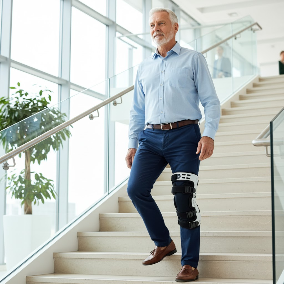 Genouillère de décharge avec stabilisation réglable, gauche ou droite, taille unique – ArthroGuard