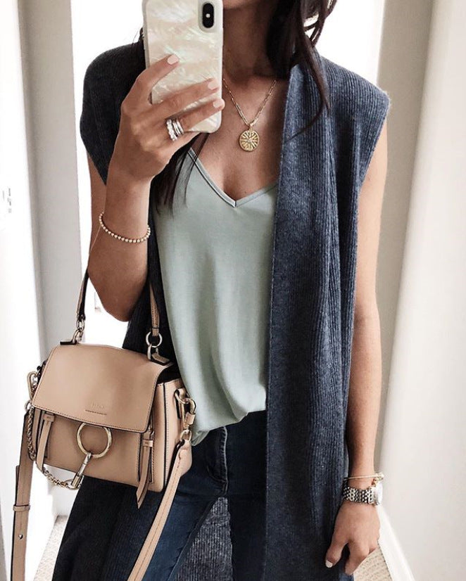 Gilet en maille oversize décontracté à manches courtes pour femme