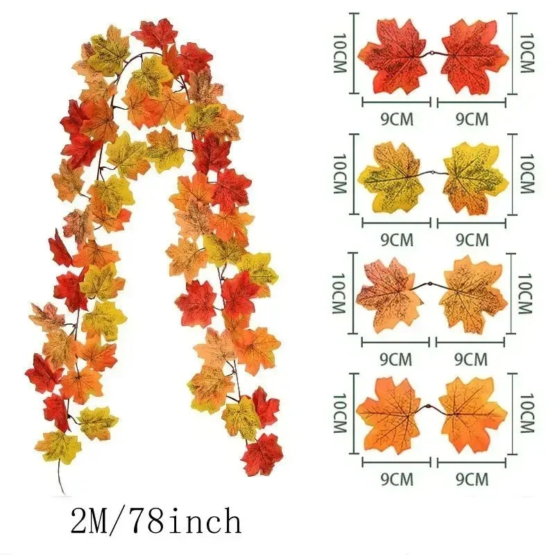 Guirlande de feuilles d'automne avec feuilles d'érable artificielles, 2 mètres, feuilles en tissu et plastique de 9-10 c