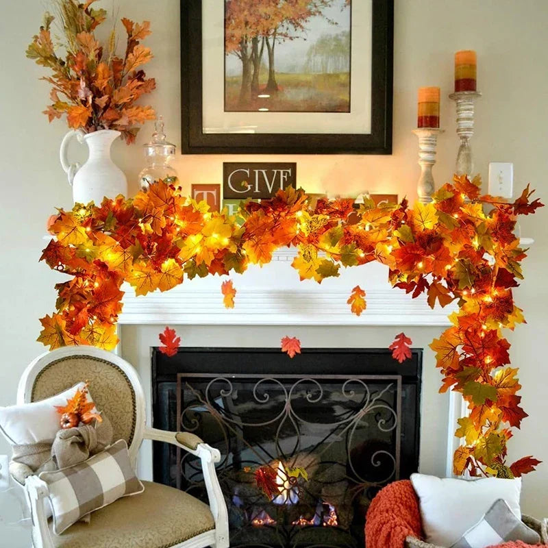Guirlande de feuilles d'automne avec feuilles d'érable artificielles, 2 mètres, feuilles en tissu et plastique de 9-10 c