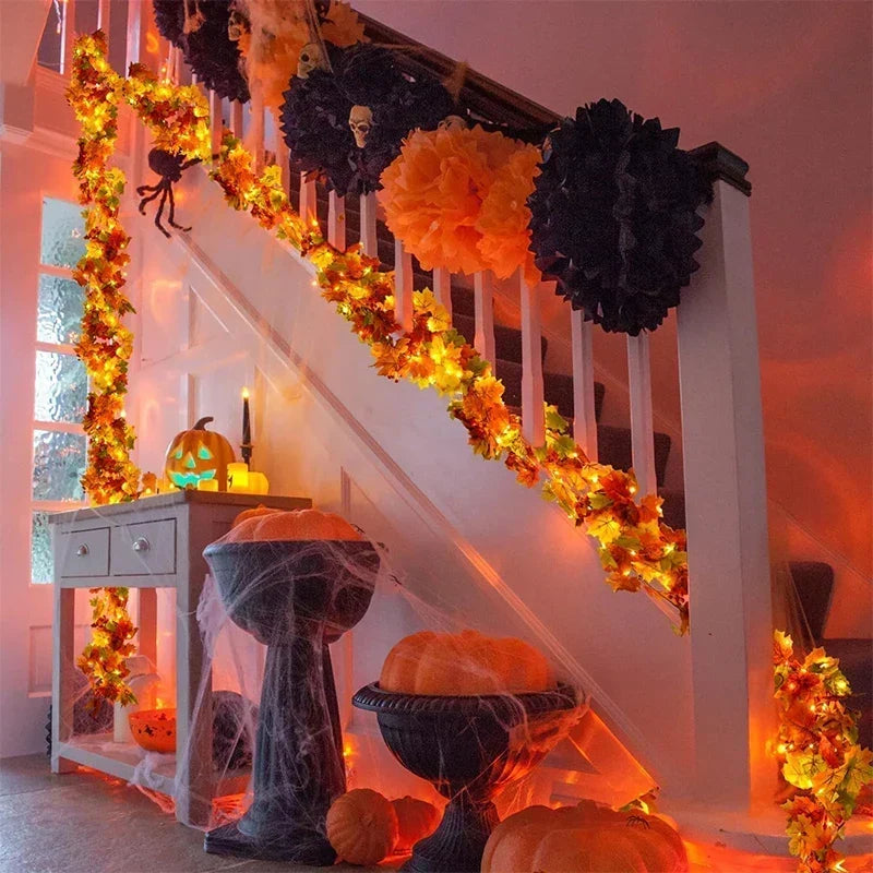 Guirlande de feuilles d'automne avec feuilles d'érable artificielles, 2 mètres, feuilles en tissu et plastique de 9-10 c