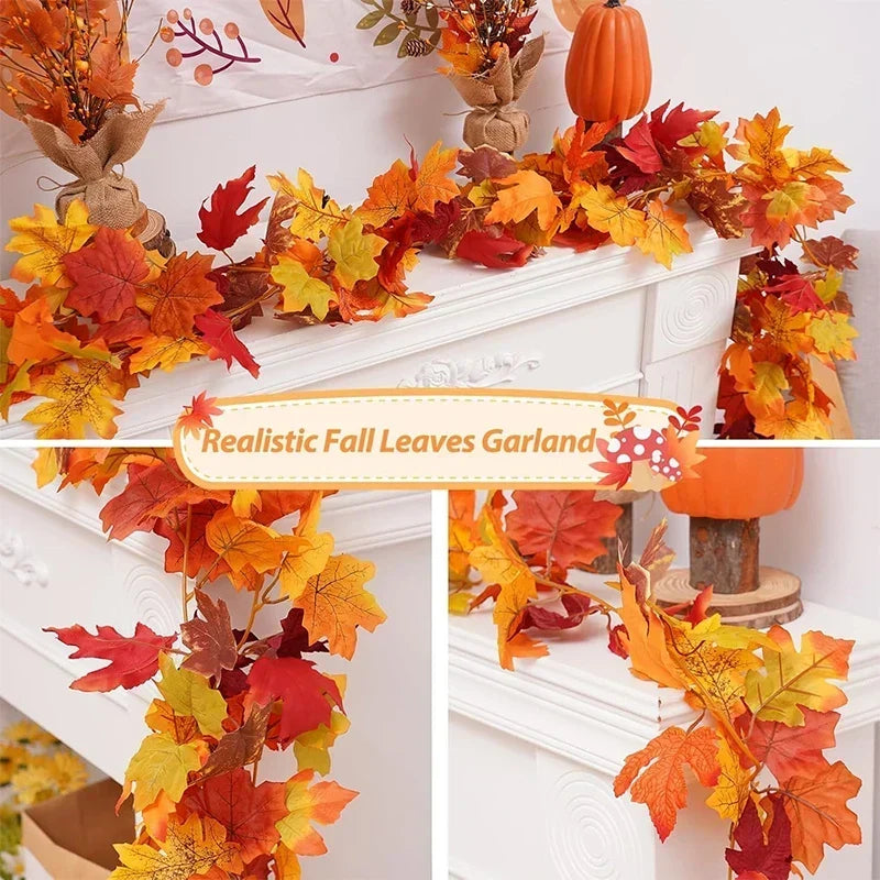 Guirlande de feuilles d'automne avec feuilles d'érable artificielles, 2 mètres, feuilles en tissu et plastique de 9-10 c