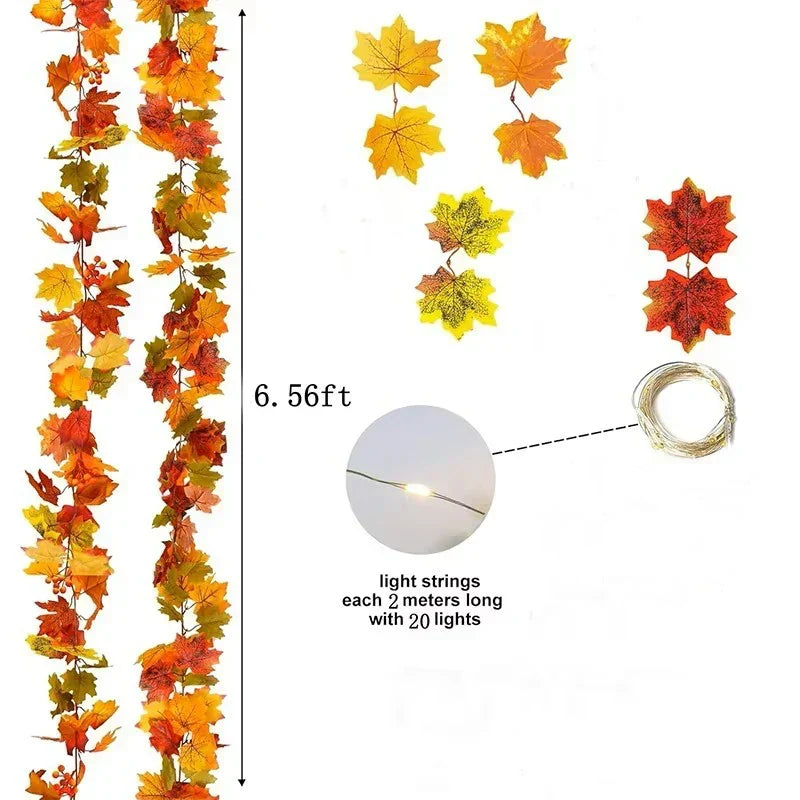 Guirlande de feuilles d'automne avec feuilles d'érable artificielles, 2 mètres, feuilles en tissu et plastique de 9-10 c