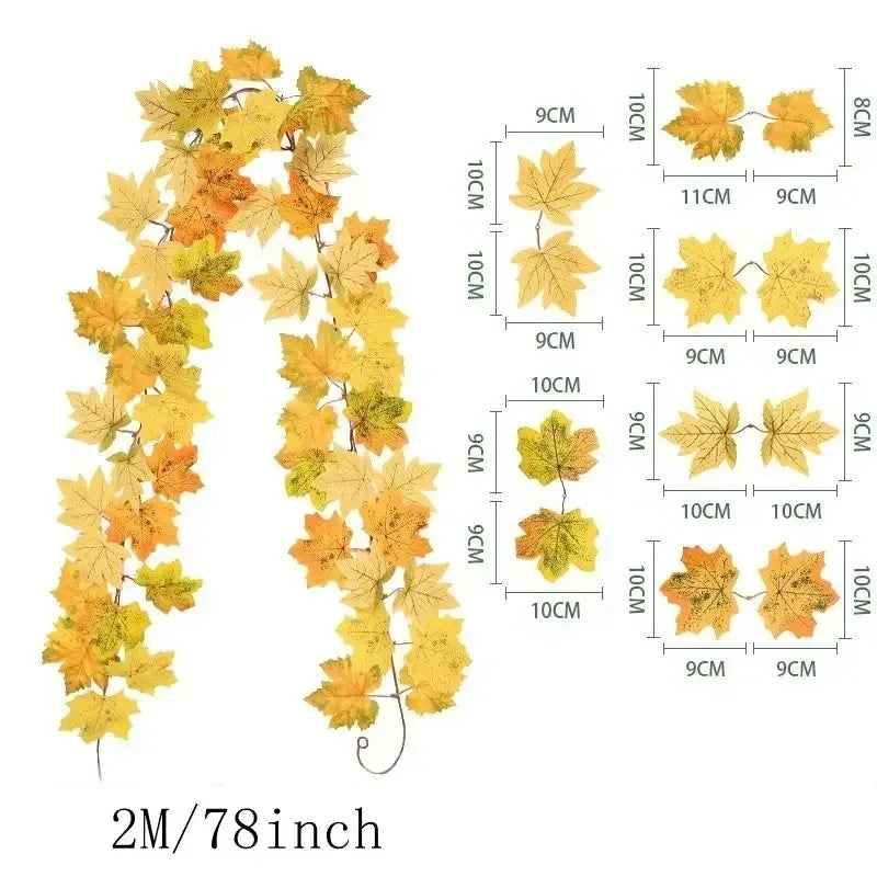 Guirlande de feuilles d'automne avec feuilles d'érable artificielles, 2 mètres, feuilles en tissu et plastique de 9-10 c