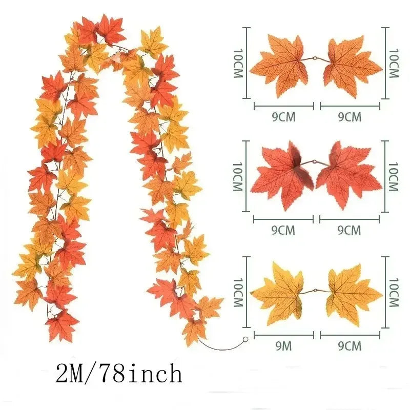 Guirlande de feuilles d'automne avec feuilles d'érable artificielles, 2 mètres, feuilles en tissu et plastique de 9-10 c