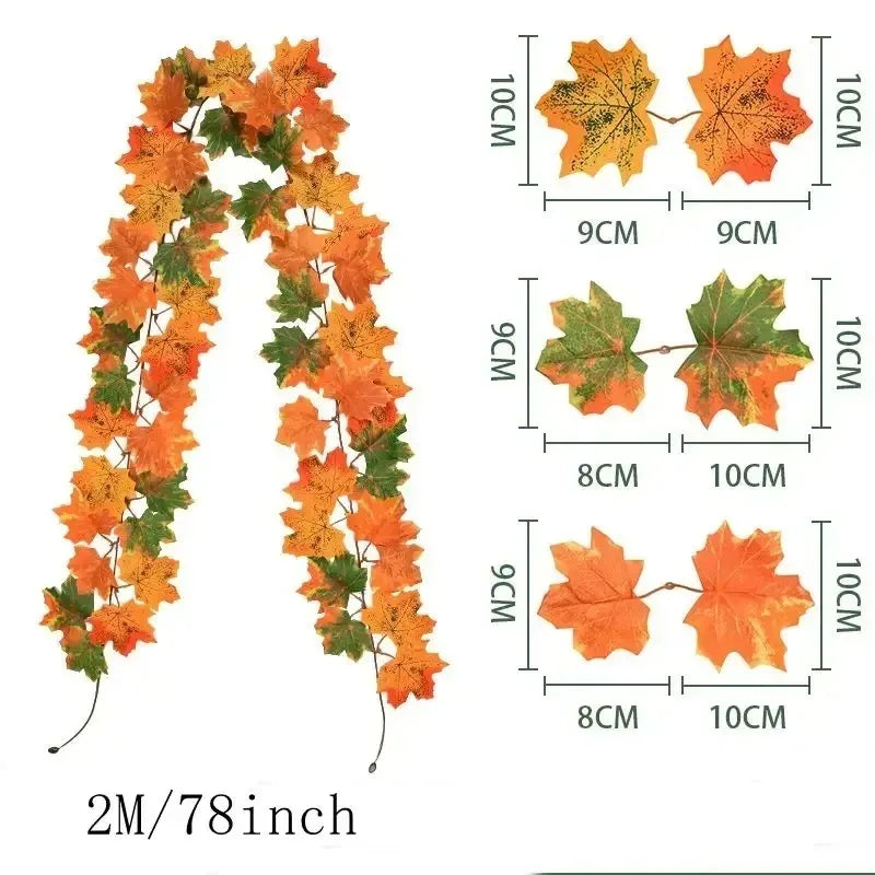 Guirlande de feuilles d'automne avec feuilles d'érable artificielles, 2 mètres, feuilles en tissu et plastique de 9-10 c
