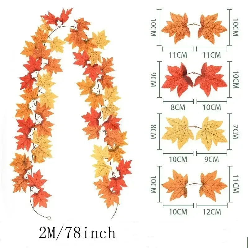 Guirlande de feuilles d'automne avec feuilles d'érable artificielles, 2 mètres, feuilles en tissu et plastique de 9-10 c