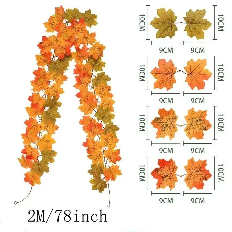 Guirlande de feuilles d'automne avec feuilles d'érable artificielles, 2 mètres, feuilles en tissu et plastique de 9-10 c