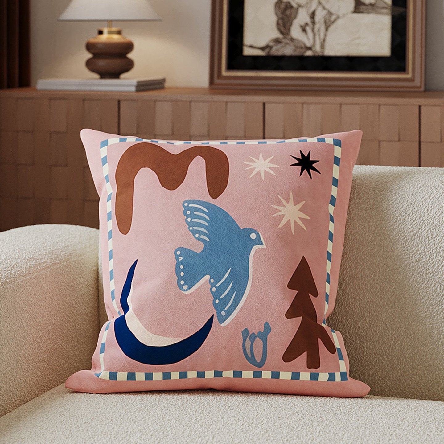 Housse de coussin carrée décorative en coton-lin avec illustration de cheval et fermeture éclair invisible
