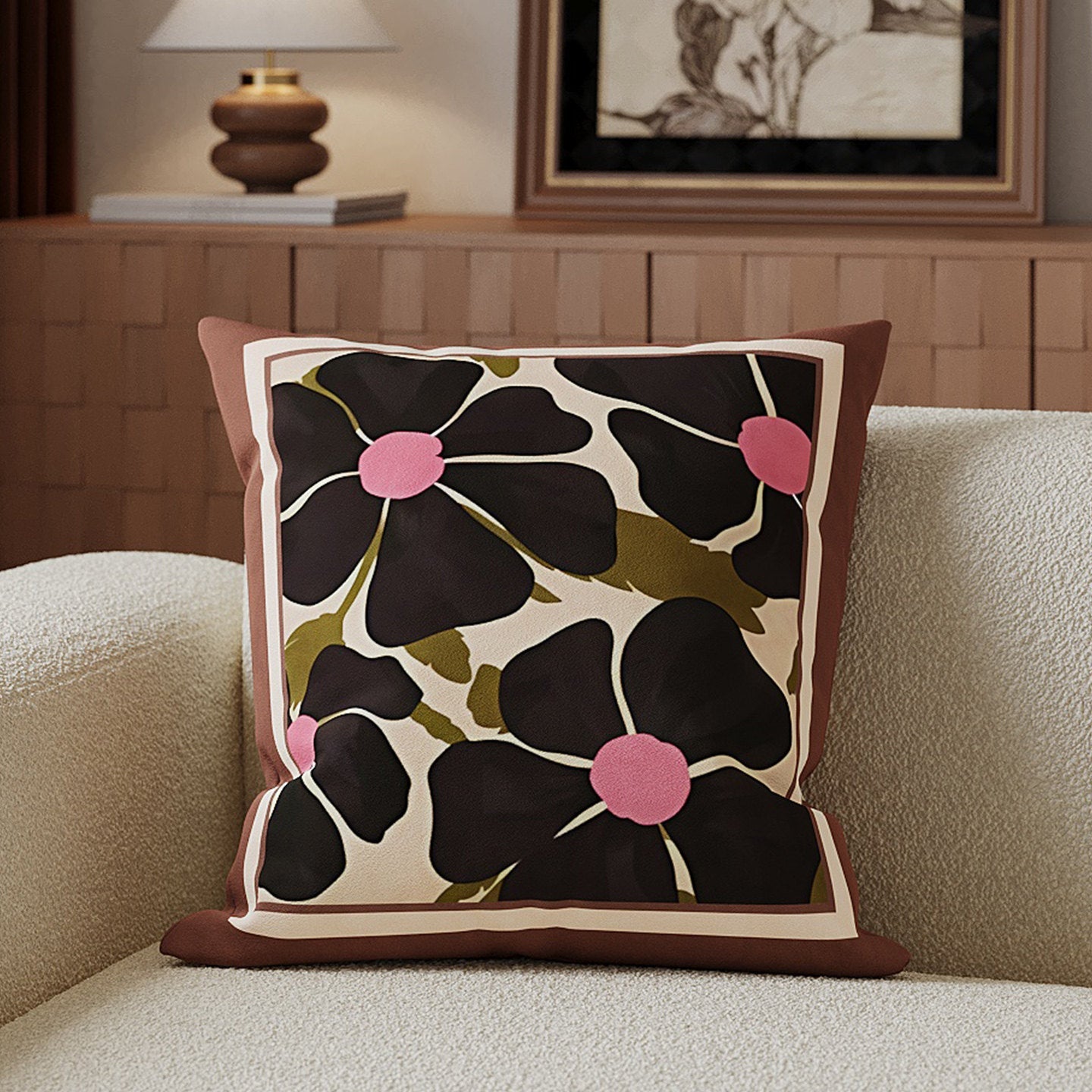 Housse de coussin carrée décorative en coton-lin avec illustration de cheval et fermeture éclair invisible