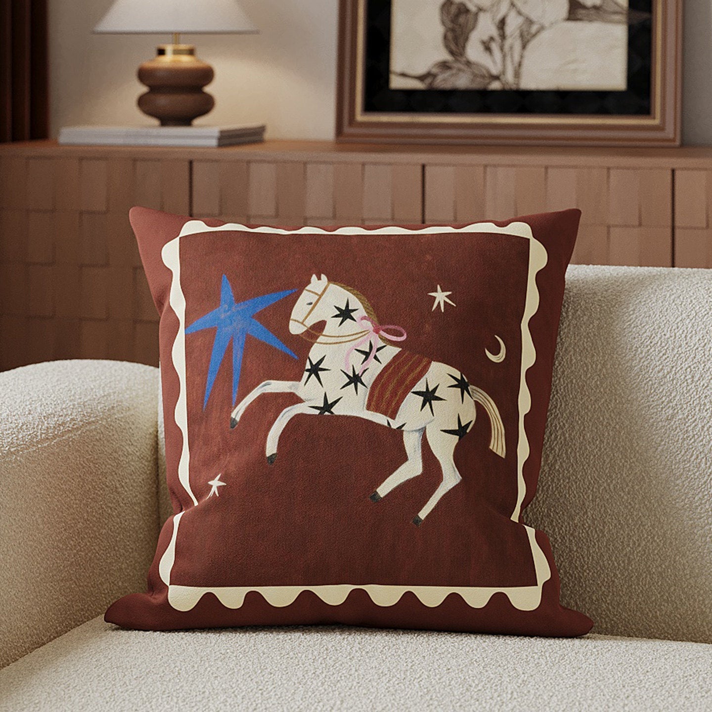 Housse de coussin carrée décorative en coton-lin avec illustration de cheval et fermeture éclair invisible