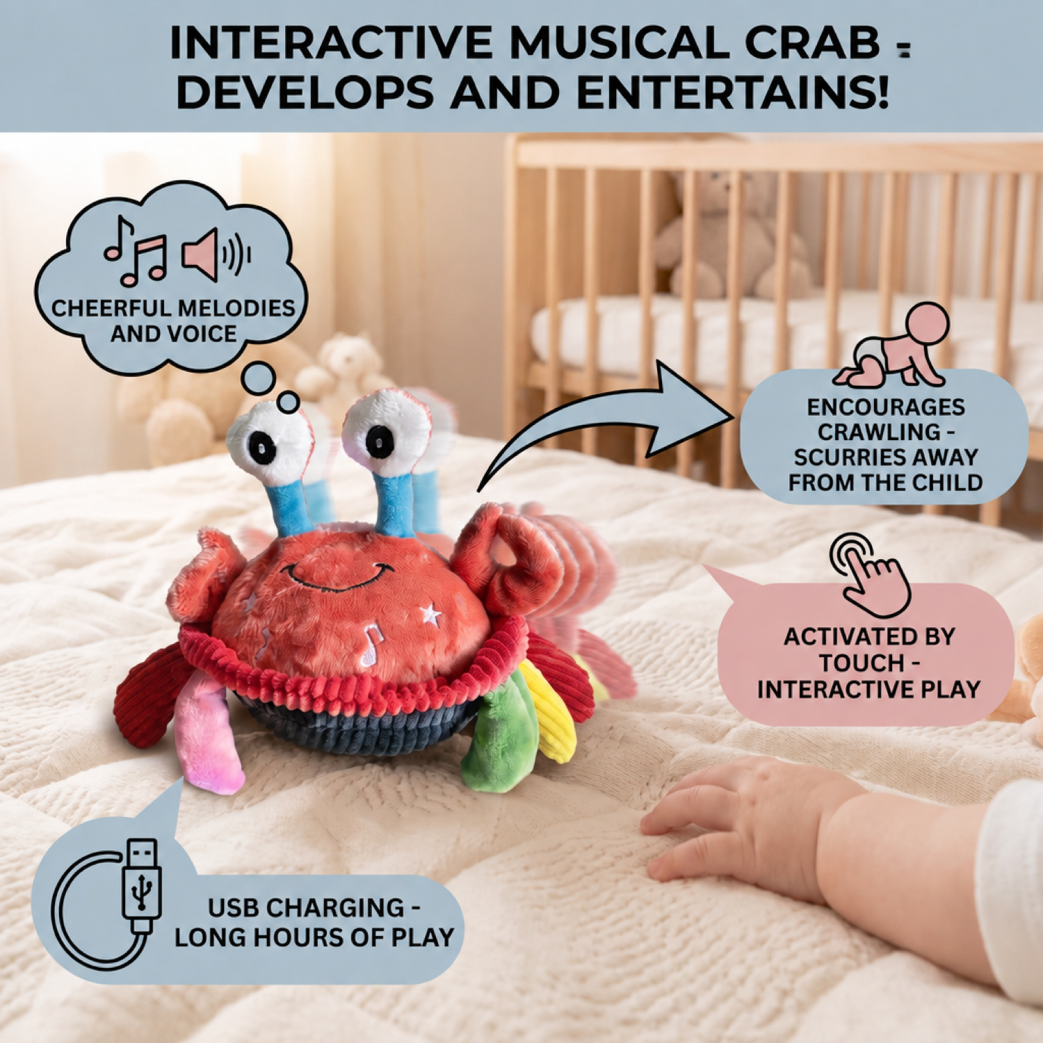 Jouet crabe musical interactif avec fonction vocale