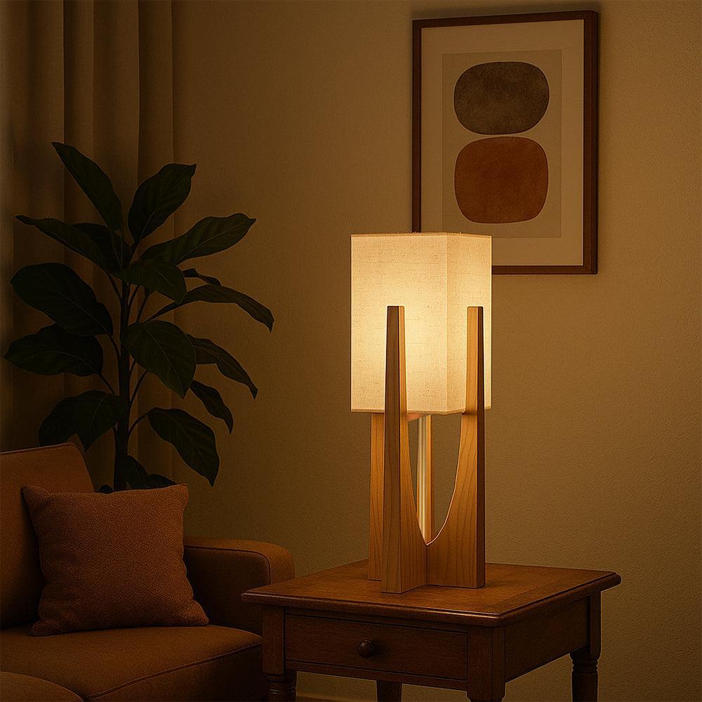 Lampadaire Wabi Sabi avec abat-jour en tissu et base en bois pour salon