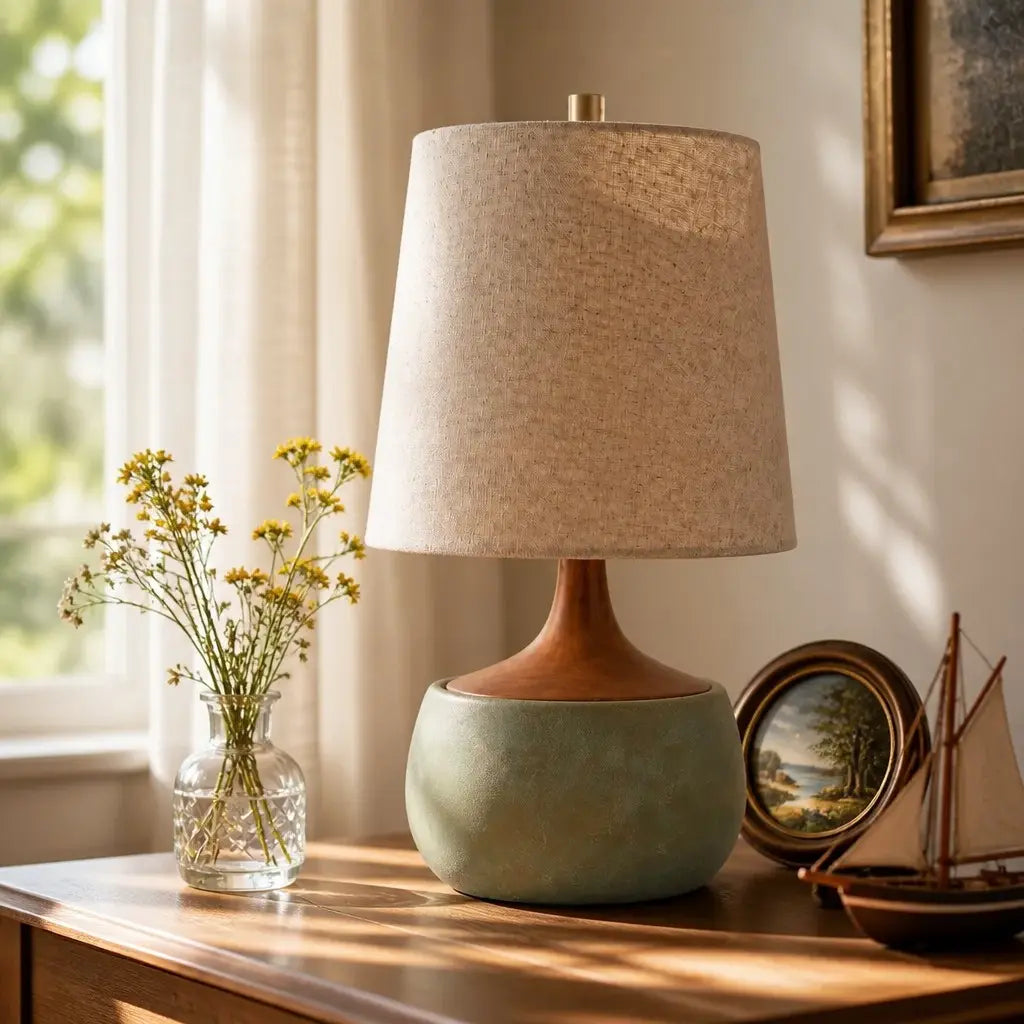 Lampe de table avec base en bois, abat-jour en lin et cylindre aspect ciment | Design moderne