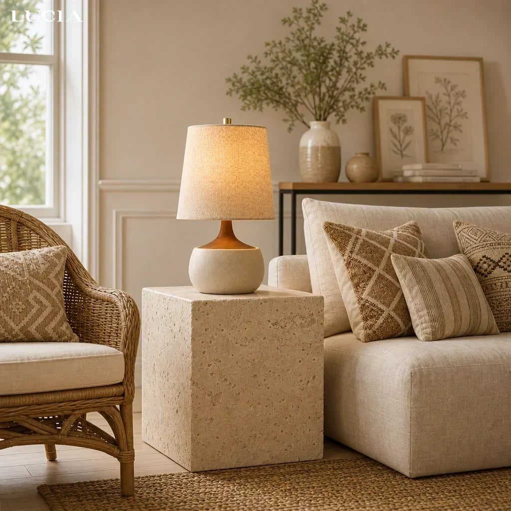 Lampe de table avec base en bois, abat-jour en lin et cylindre aspect ciment | Design moderne
