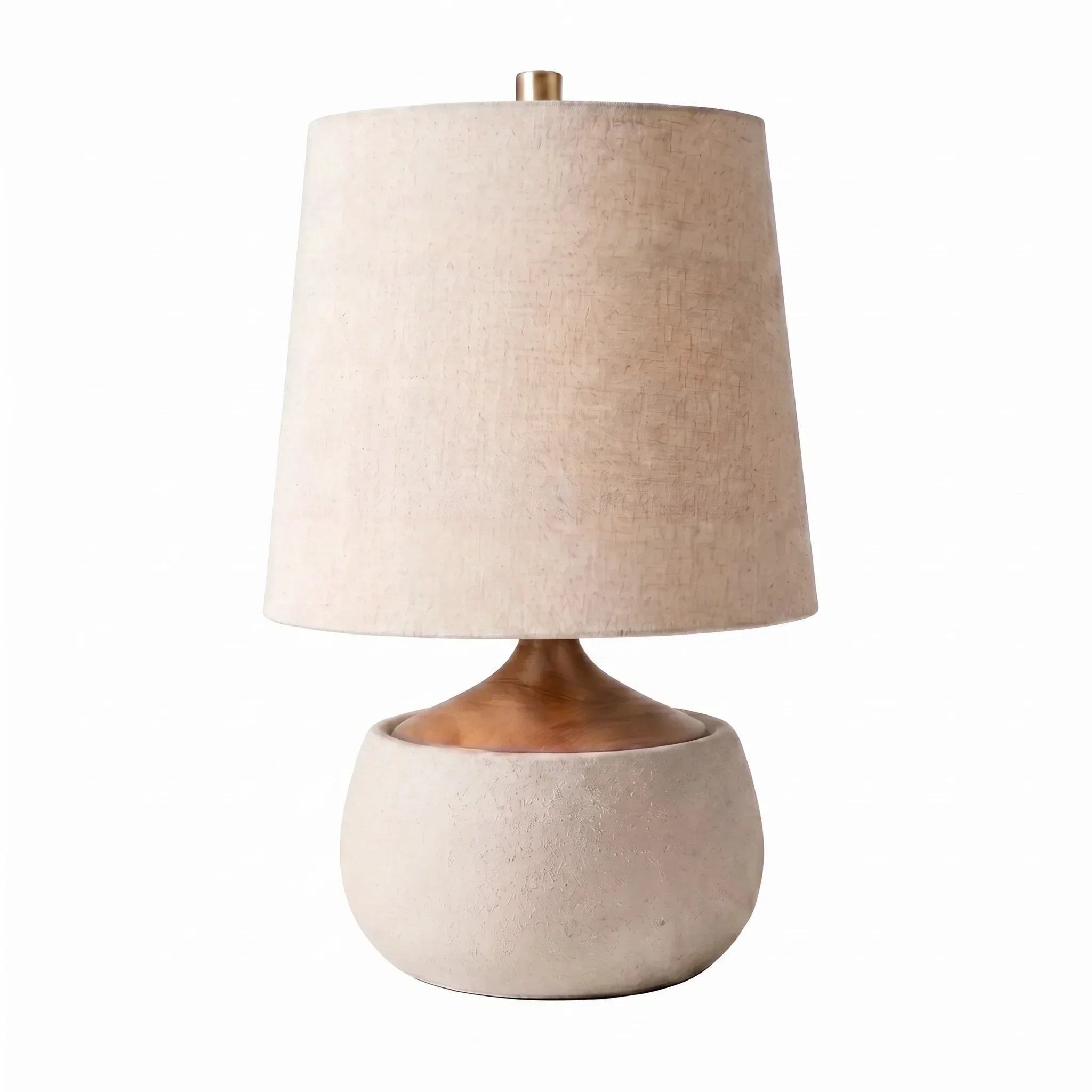 Lampe de table avec base en bois, abat-jour en lin et cylindre aspect ciment | Design moderne