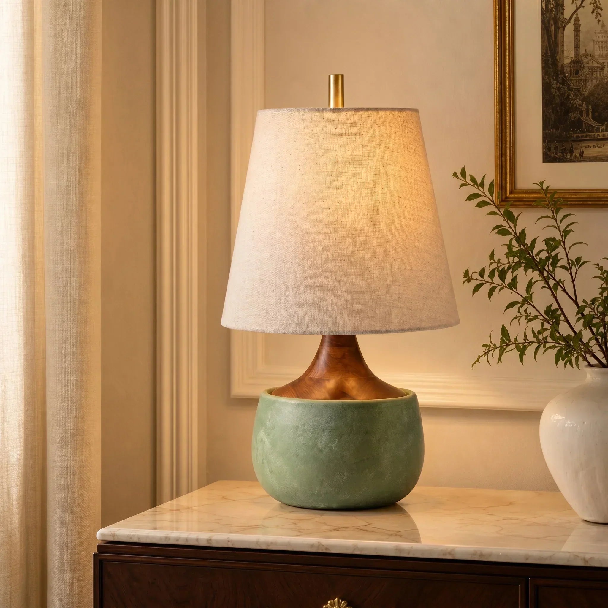 Lampe de table avec base en bois, abat-jour en lin et cylindre aspect ciment | Design moderne