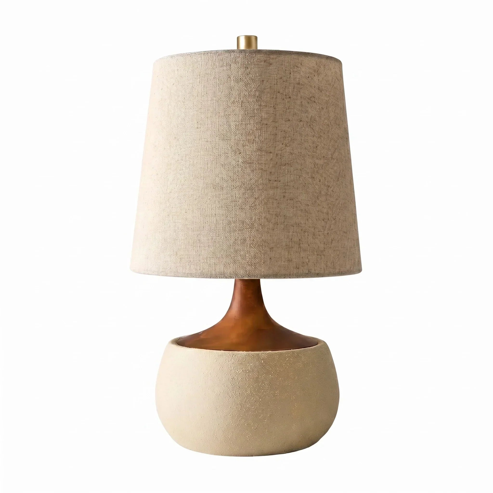 Lampe de table avec base en bois, abat-jour en lin et cylindre aspect ciment | Design moderne