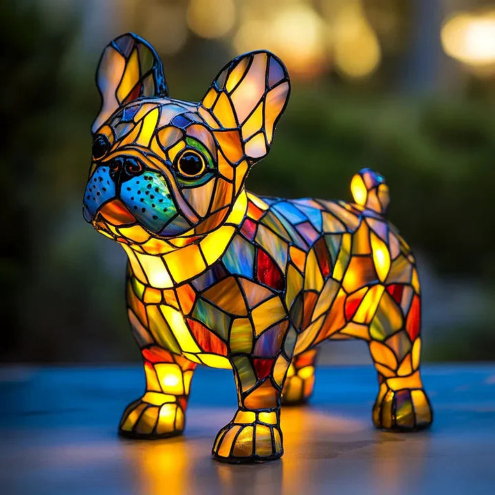 Lampe de table chien style Tiffany | Design bouledogue français en vitrail