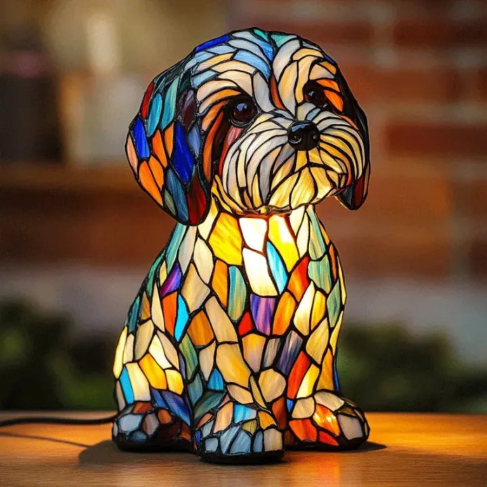 Lampe de table chien style Tiffany | Design bouledogue français en vitrail