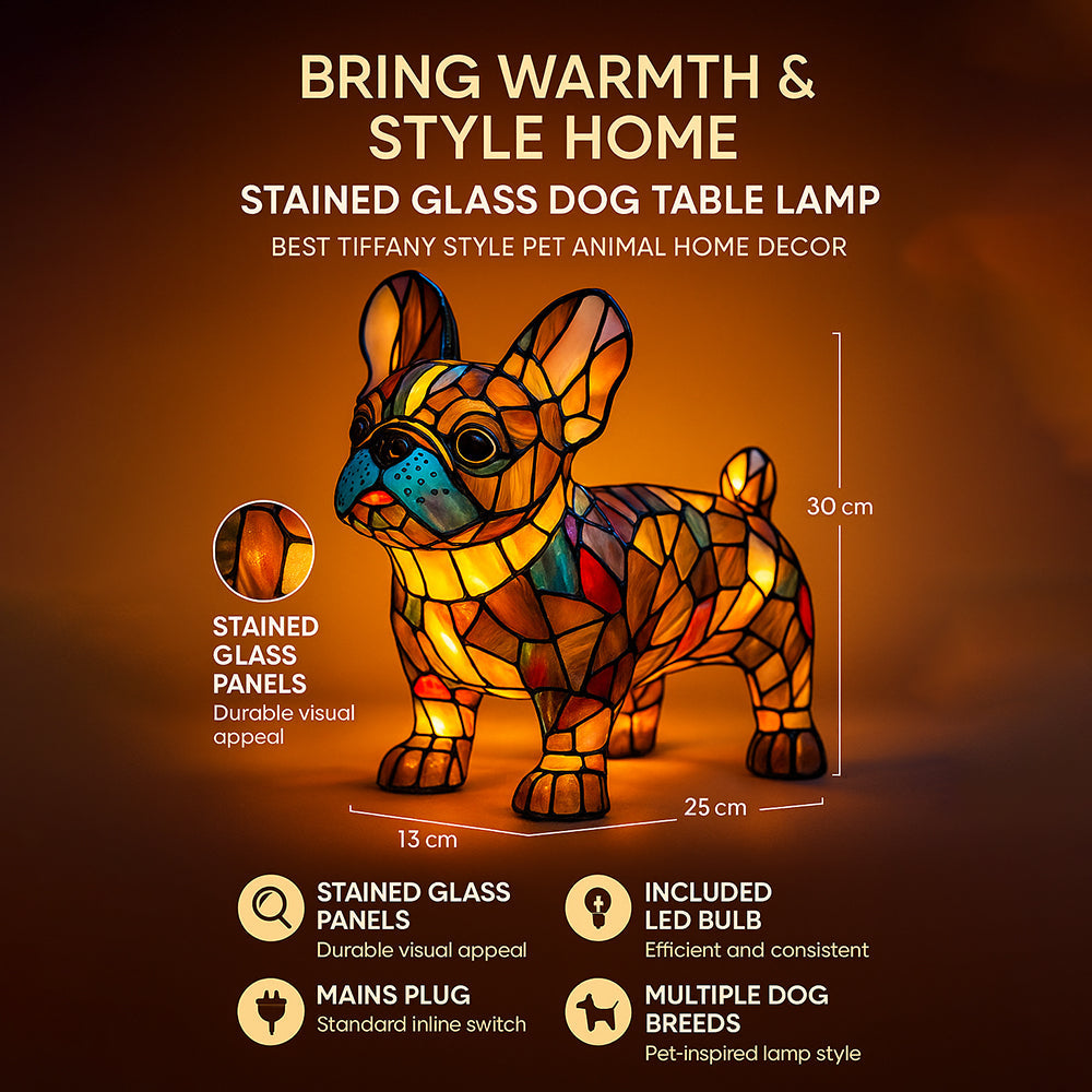 Lampe de table chien style Tiffany | Design bouledogue français en vitrail