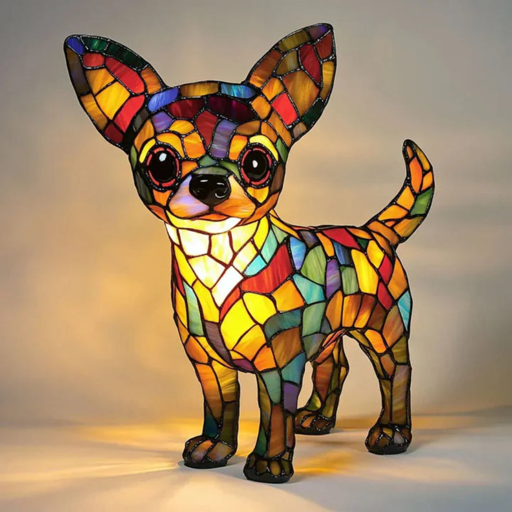 Lampe de table chien style Tiffany | Design bouledogue français en vitrail
