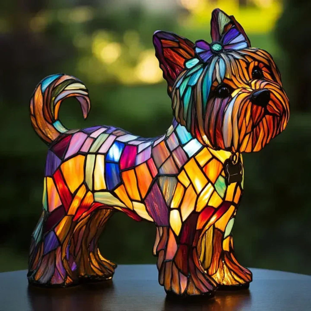 Lampe de table chien style Tiffany | Design bouledogue français en vitrail