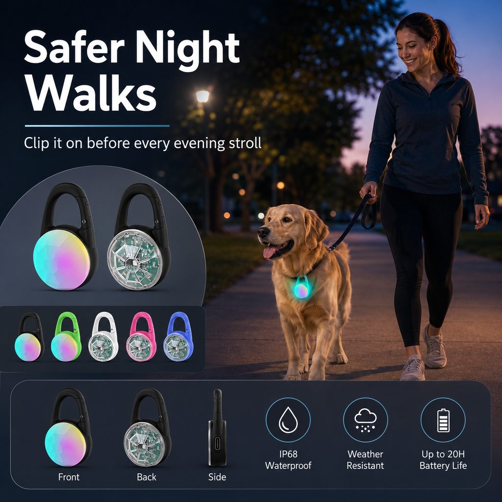 Lampe LED de sécurité rechargeable à clip pour chien - Promenades nocturnes