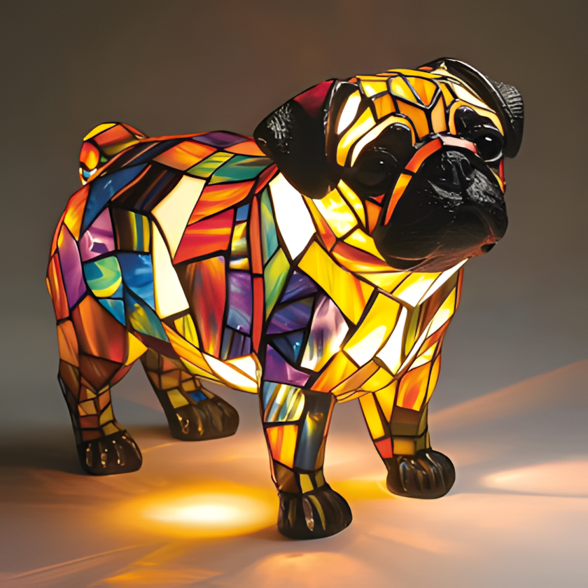 Lampe veilleuse chien vitrail, résine peinte à la main, USB, 17 cm