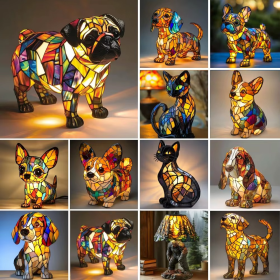 Lampe veilleuse chien vitrail, résine peinte à la main, USB, 17 cm