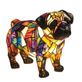 Lampe veilleuse chien vitrail, résine peinte à la main, USB, 17 cm
