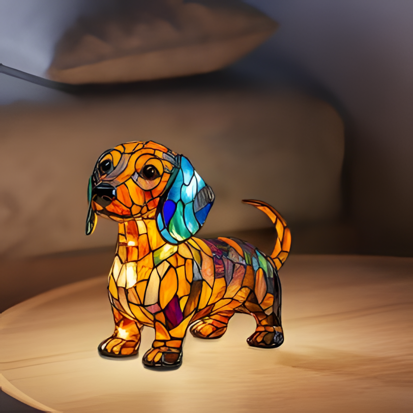 Lampe veilleuse chien vitrail, résine peinte à la main, USB, 17 cm