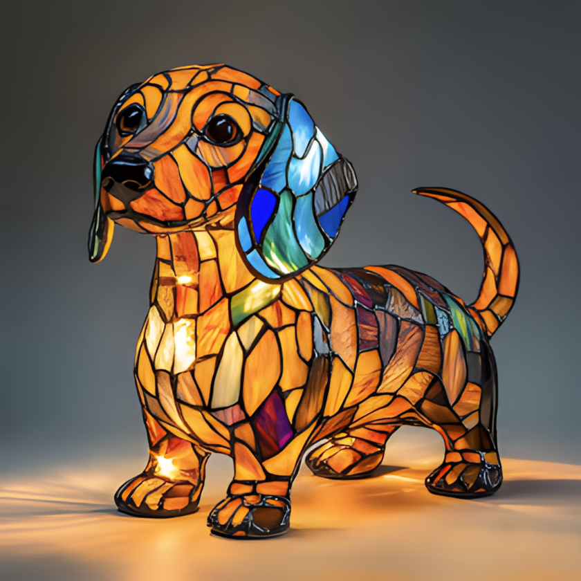 Lampe veilleuse chien vitrail, résine peinte à la main, USB, 17 cm