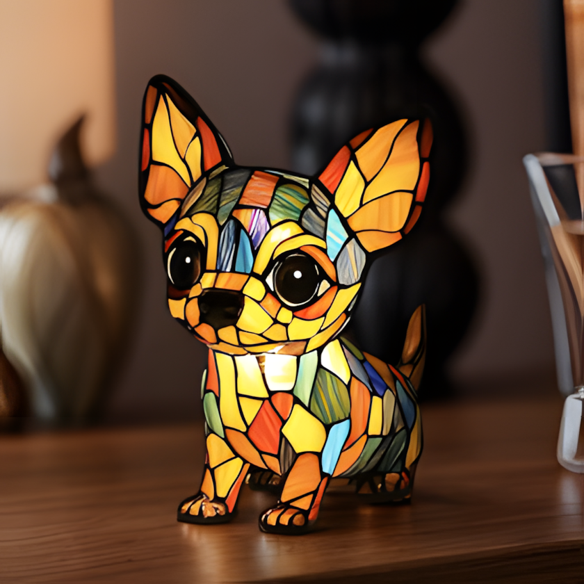 Lampe veilleuse chien vitrail, résine peinte à la main, USB, 17 cm