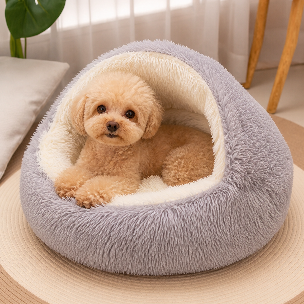 Lit semi-ouvert en peluche pour animaux de compagnie (coussin amovible lavable)