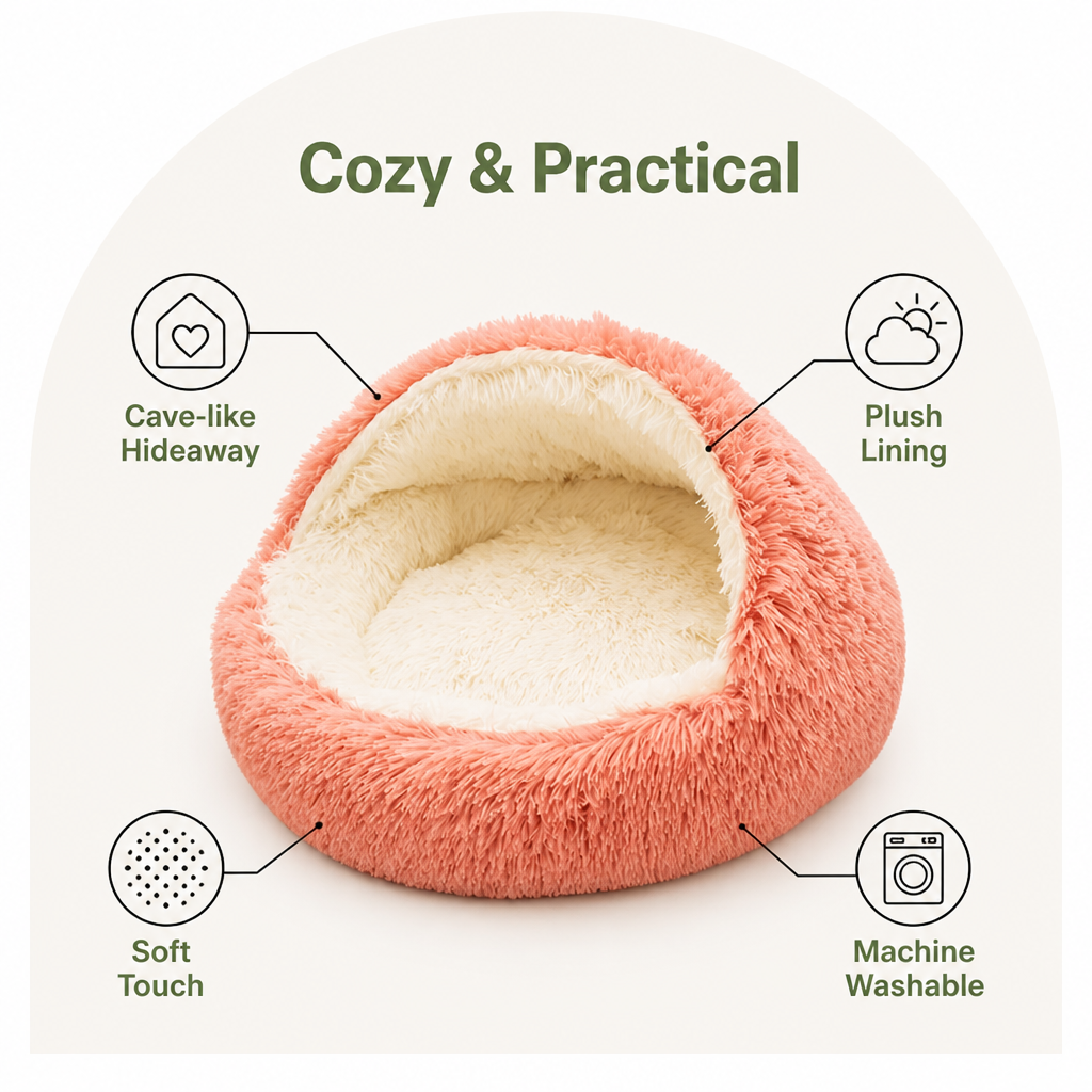 Lit semi-ouvert en peluche pour animaux de compagnie (coussin amovible lavable)