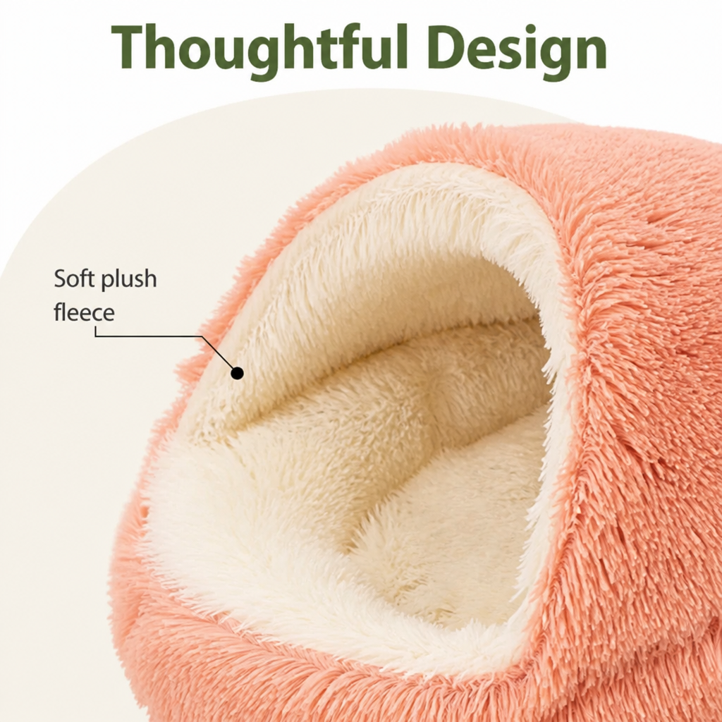 Lit semi-ouvert en peluche pour animaux de compagnie (coussin amovible lavable)
