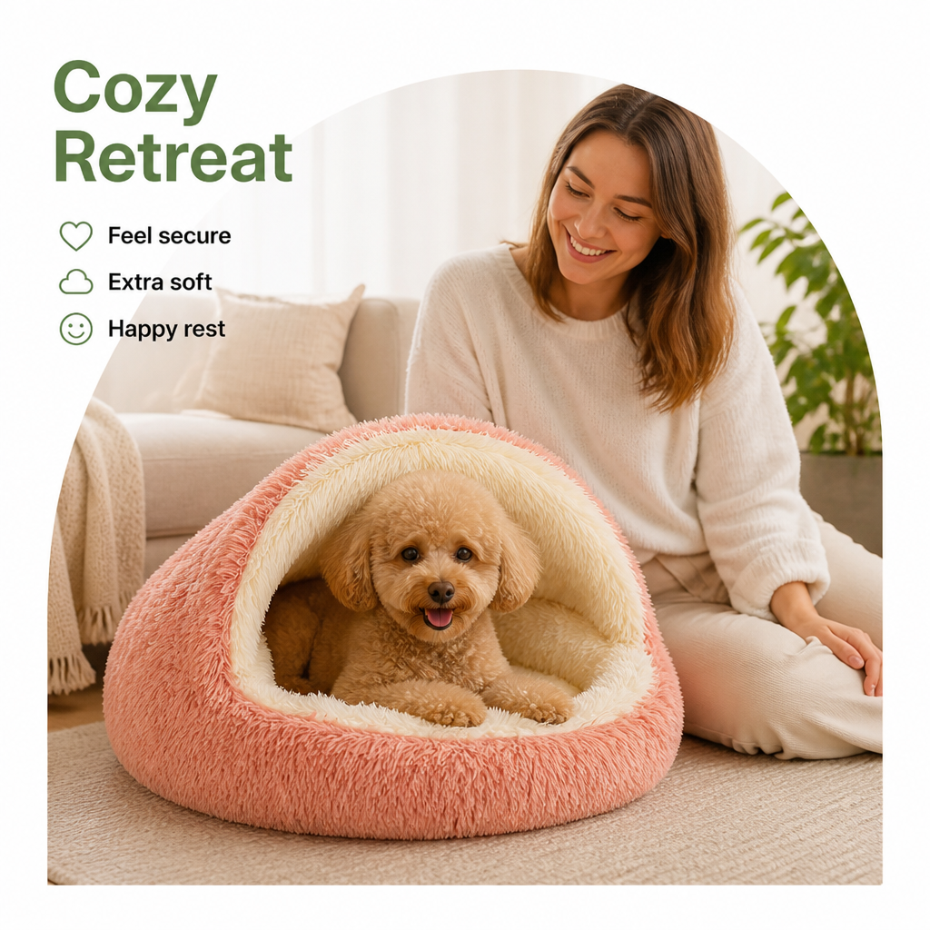 Lit semi-ouvert en peluche pour animaux de compagnie (coussin amovible lavable)
