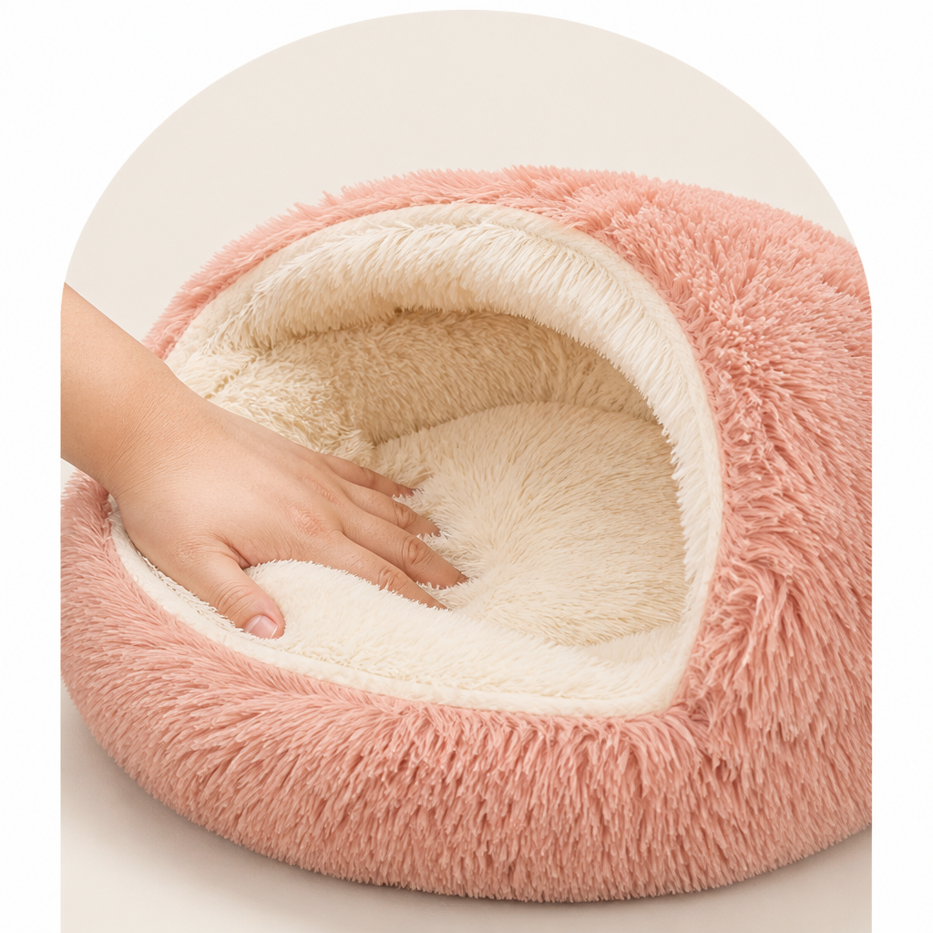 Lit semi-ouvert en peluche pour animaux de compagnie (coussin amovible lavable)