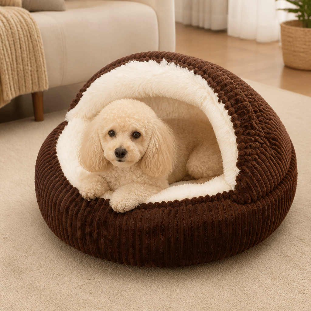 Lit semi-ouvert en peluche pour animaux de compagnie (coussin amovible lavable)