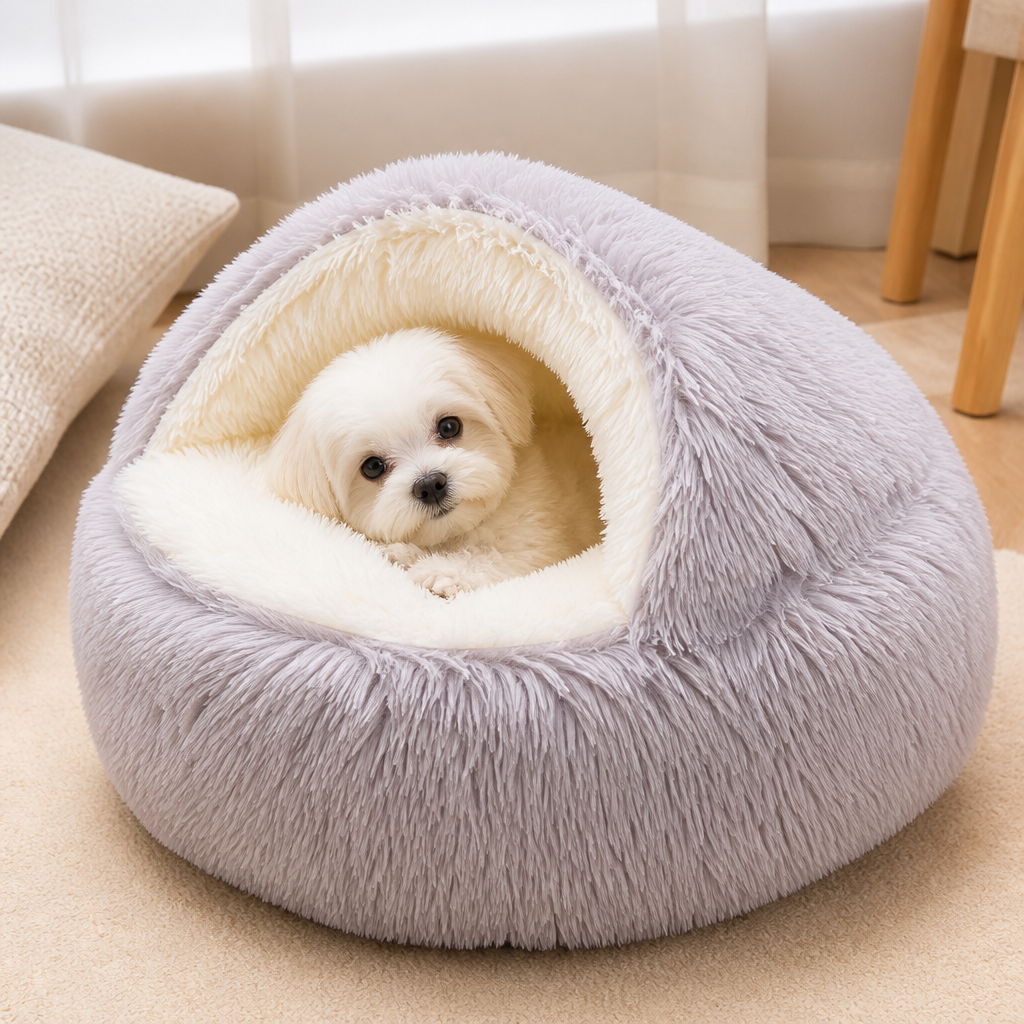Lit semi-ouvert en peluche pour animaux de compagnie (coussin amovible lavable)