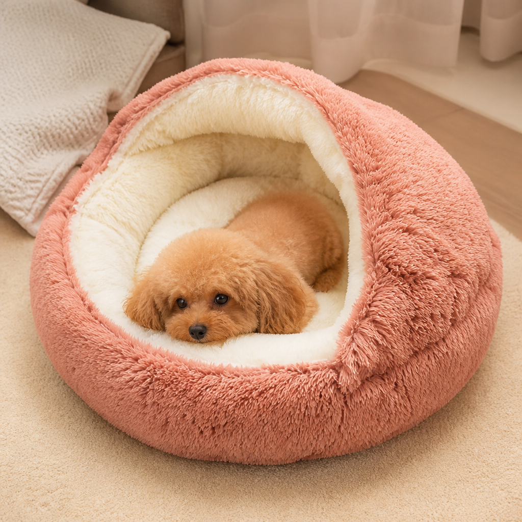 Lit semi-ouvert en peluche pour animaux de compagnie (coussin amovible lavable)