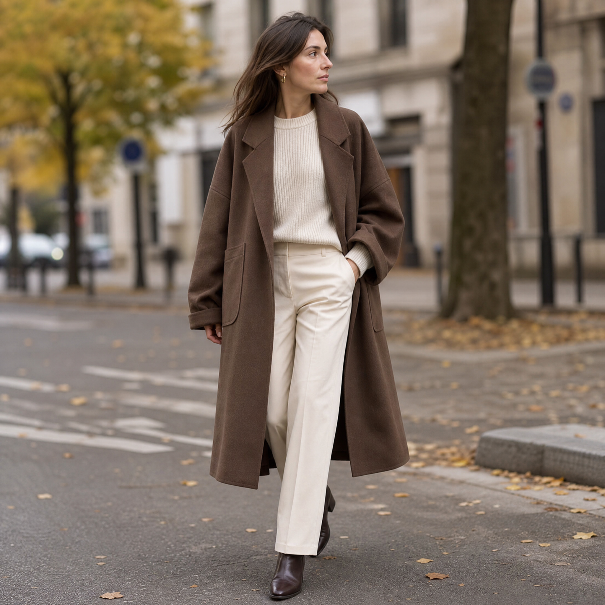 Manteau oversize femme avec revers et poches plaquées, poignets retroussés et épaules tombantes, café ou noir, tailles S
