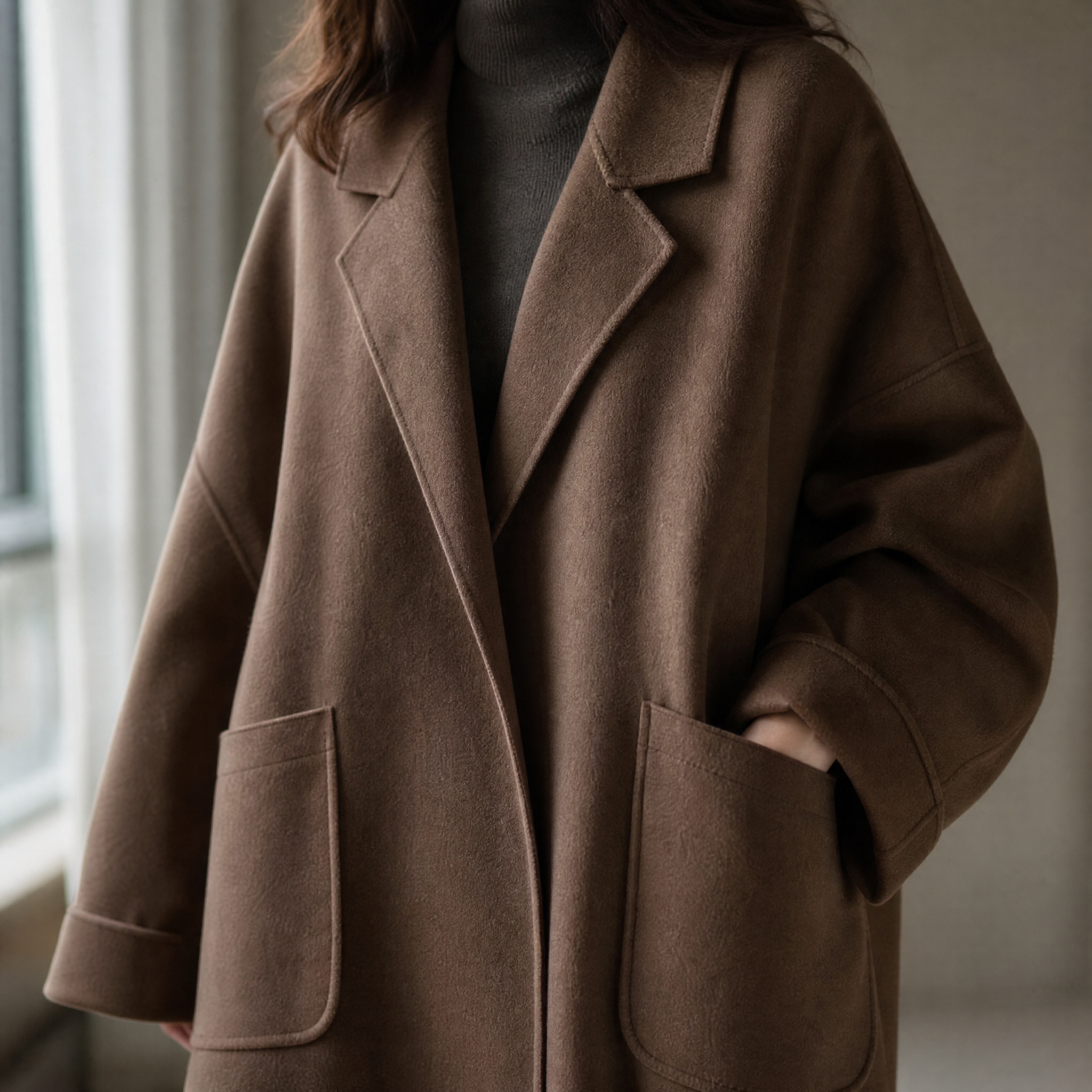 Manteau oversize femme avec revers et poches plaquées, poignets retroussés et épaules tombantes, café ou noir, tailles S