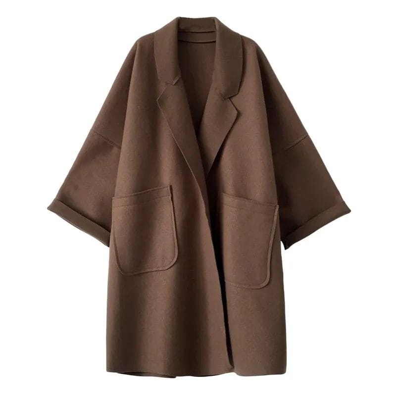 Manteau oversize femme avec revers et poches plaquées, poignets retroussés et épaules tombantes, café ou noir, tailles S