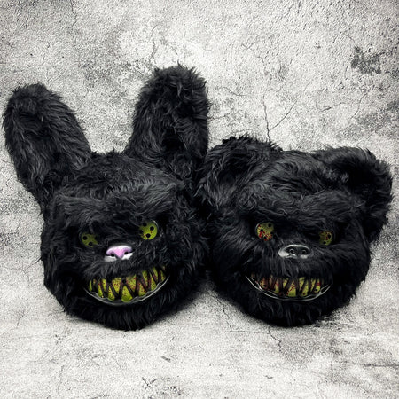 Masque effrayant de lapin ou d'ours pour Halloween en fausse fourrure avec dents ensanglantées, 4 modèles et lots de 2, 